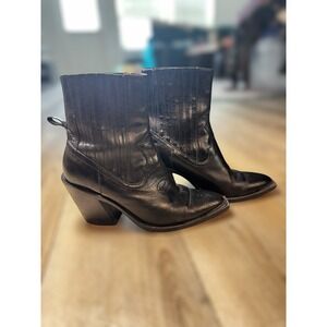 Minelli Lesia Black Leather‎ Western Block Heel Ankle Cowboy Boots Pointed Toe